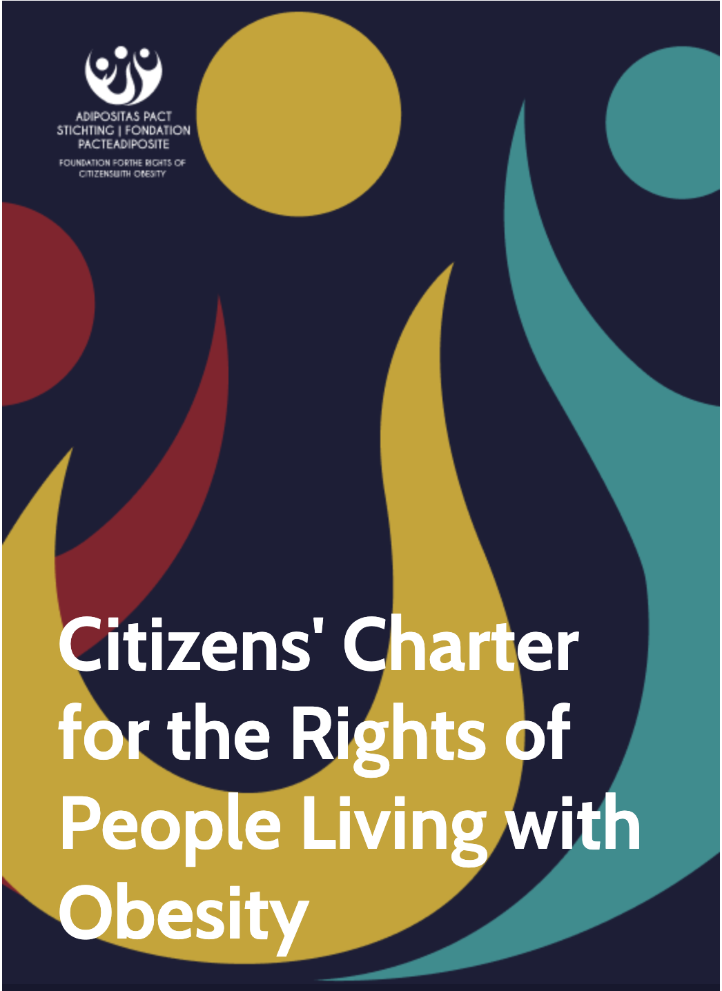 Screenshot 2025-11-14 at 14.31.35 Cover page of a document titled "Citizens' Charter for the Rights of People Living with Obesity" with abstract colorful shapes on a dark background.